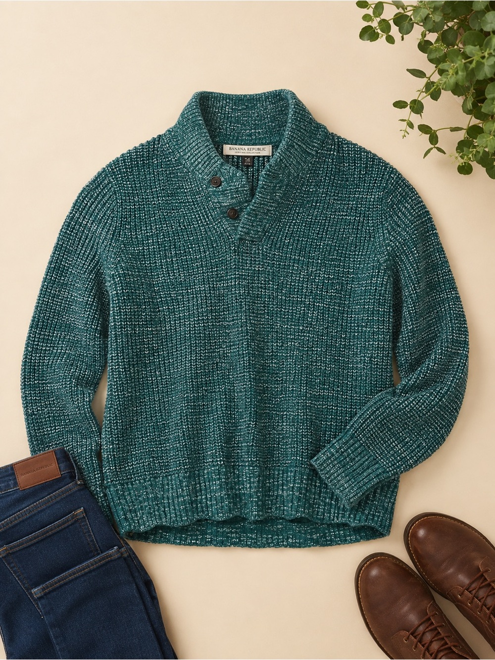 Banana Republic Teal Marled V-Neck Button-Shoulder Sweater